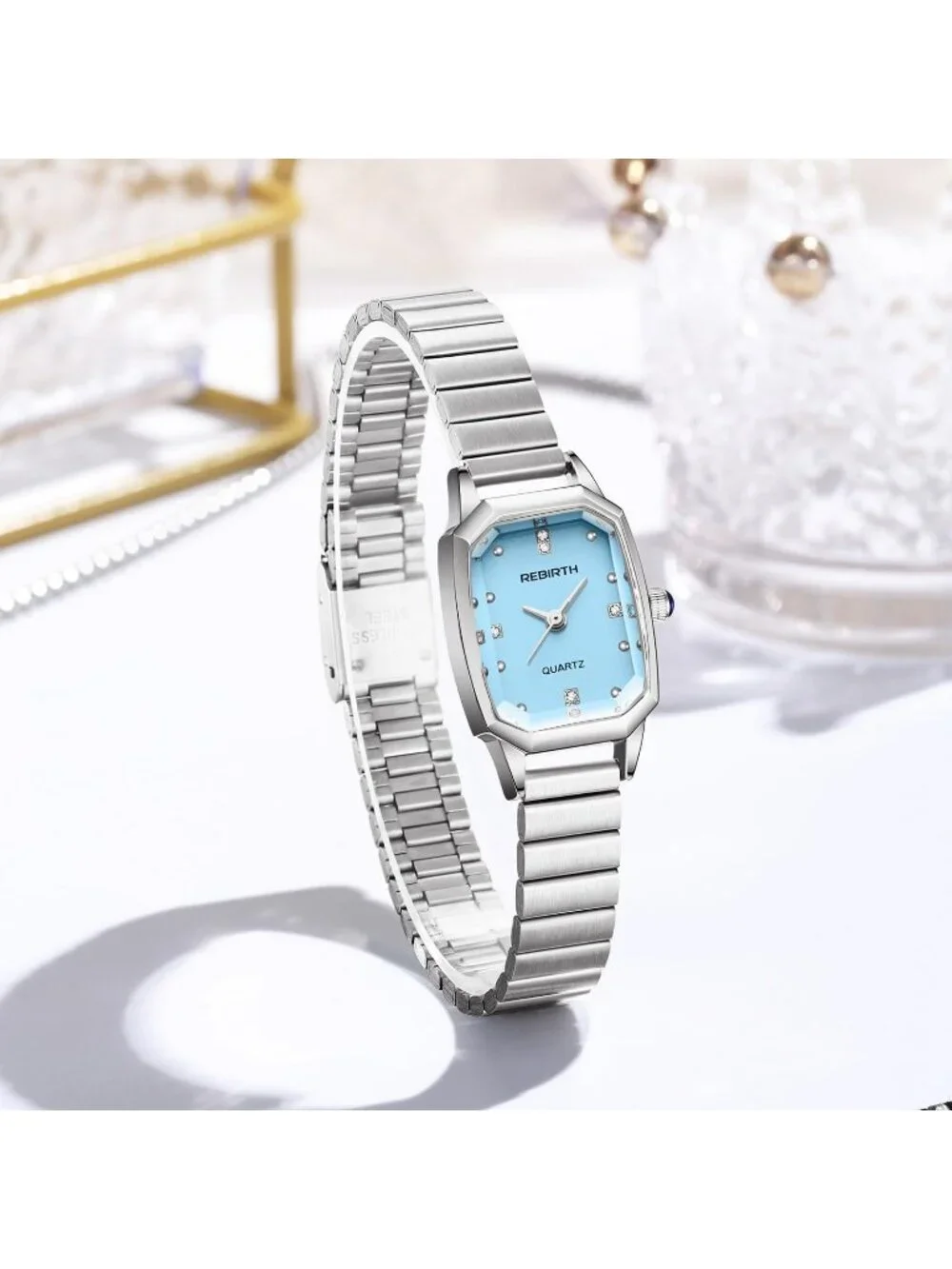 Women’s Blue Rectangular Quartz Stainless Steel Strap Classic Vintage Wristwatch